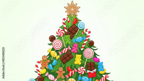 A festive christmas tree adorned with a colorful assortment of candies including gingerbread men lollipops chocolate bars gummy bears and candy canes