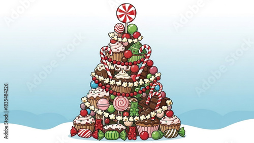 A whimsical christmas tree constructed entirely from an assortment of delicious candies cupcakes and festive sweets creating a delightful holiday treat