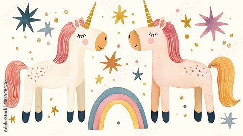 Cute Unicorns with Stars and Rainbows in Pastel Colors