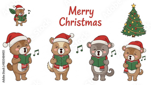 Adorable cartoon bears wearing santa hats and scarves sing christmas carols holding songbooks next to a decorated christmas tree and the words merry christmas