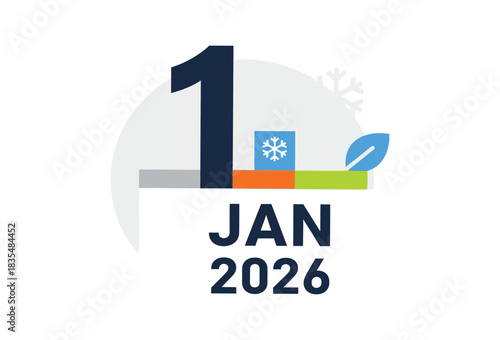 January 1st 2026 icon with snowflake and leaf, representing the start of a new year with focus on sustainability and winter holiday season