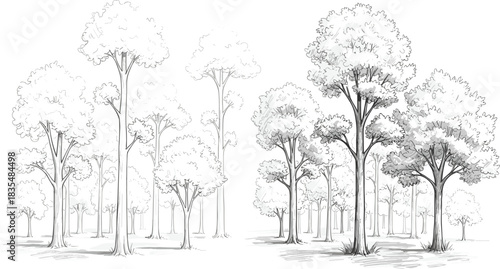 Sketch of a Forest Scene with Detailed Trees and Subtle Shading drawing illustration