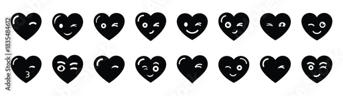 A set of funny  winking heart Valentines Day silhouette icon. Valentines Day vector isolated on transparent background.