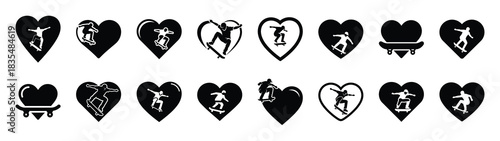 A set of funny  skateboarding heart Valentines Day silhouette icon. Valentines Day vector isolated on transparent background.