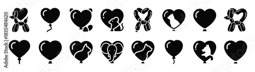 A set of funny  balloon heart animal Valentines Day silhouette icon. Valentines Day vector isolated on transparent background.
