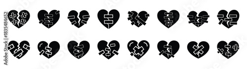 A set of funny  broken heart glued Valentines Day silhouette icon. Valentines Day vector isolated on transparent background.