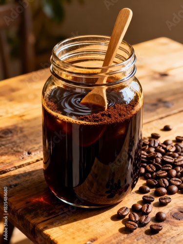 Cold Brew Coffee Concentrate in Glass Jar with Coffee Beans