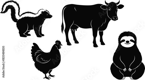 Skunk, cow, chicken, gorilla, animal silhouette, black and white, wildlife vector, farm animals, jungle stylized animal, nature graphic, contrast drawing, ink 