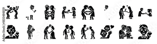 A set of funny  funny zombie love Valentines Day silhouette icon. Valentines Day vector isolated on transparent background.