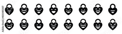 A set of funny  heart shaped lock Valentines Day silhouette icon. Valentines Day vector isolated on transparent background.