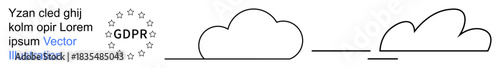 Data privacy, cloud computing, cybersecurity, information storage, internet safety, compliance. Outline illustration of two connected clouds and GDPR text. Data privacy and cloud computing concept
