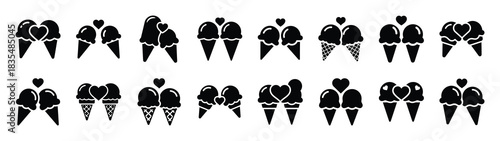 A set of funny  ice cream in Valentines Day silhouette icon. Valentines Day vector isolated on transparent background.