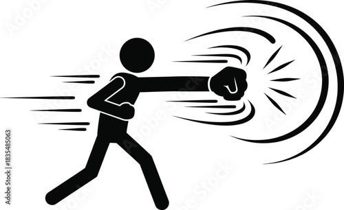 Stick figure punch, motion impact, silhouette action, dynamic pose, burst effect, animation vector, black and white, energy release, graphicmovement, anchor point, digital design, action icon, 