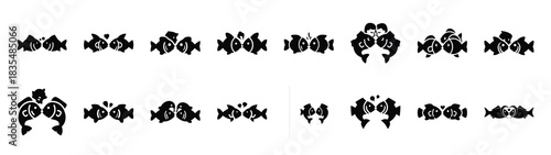 A set of funny  kissing fish couple Valentines Day silhouette icon. Valentines Day vector isolated on transparent background.