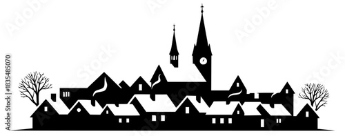 Black and white silhouette of a quaint European village with snow-covered rooftops and a church steeple, representing a peaceful winter community