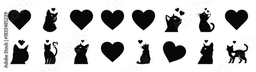 A set of funny  love struck cat Valentines Day silhouette icon. Valentines Day vector isolated on transparent background.