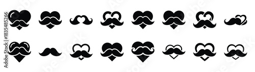 A set of funny  mustache heart Valentines Day silhouette icon. Valentines Day vector isolated on transparent background.