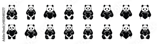 A set of funny  panda holding big Valentines Day silhouette icon. Valentines Day vector isolated on transparent background.