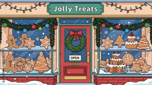 Charming cartoon illustration of a festive christmas bakery storefront called jolly treats showcasing delicious gingerbread cookies festive cakes and holiday decorations in a snowy winter scene