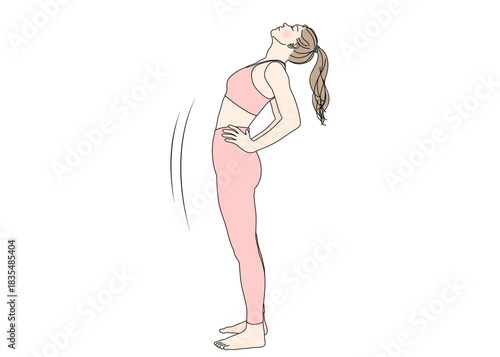 ストレッチ 腰に手を当てて背中を伸ばす女性のイラスト 全身横向き