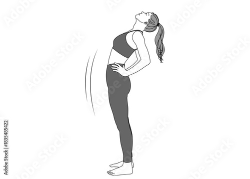 ストレッチ 腰に手を当てて背中を反らす女性のイラスト 全身横向き モノクロ