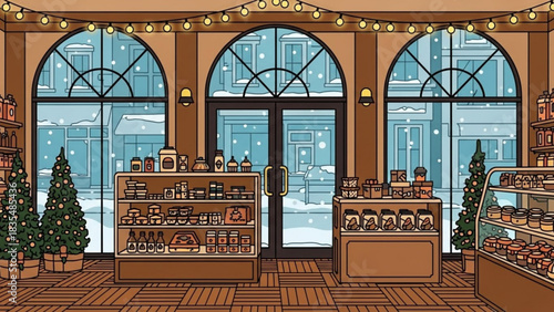 Cozy christmas shop interior decorated with festive lights and trees showcasing shelves filled with jars boxes and baked goods with a snowy winter scene visible through arched windows