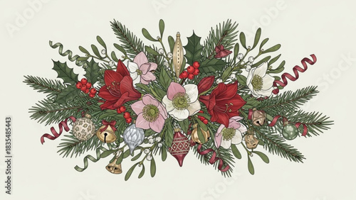 A festive christmas arrangement featuring amaryllis flowers hellebores holly berries mistletoe pine branches and vintage ornaments with ribbons and bells on a pale background