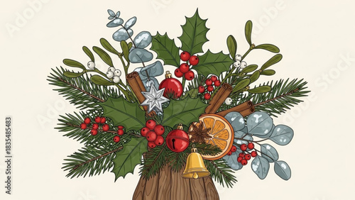 A festive hand drawn illustration of a christmas arrangement featuring evergreen branches holly mistletoe red berries cinnamon sticks dried orange slices baubles and a golden bell