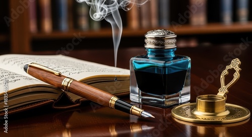 Elegant writing implements rest on a polished surface beside an open book with swirling smoke above.