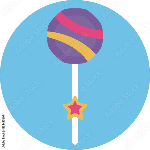 A colorful, swirled lollipop on a stick.