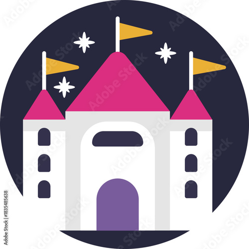 A fairy-tale castle with towers and flags.