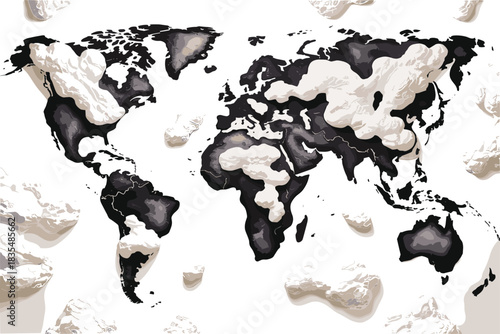 World Map with Abstract Cloud-like Landmasses and White Background Keywords: world map, earth, globe, continents, landmass