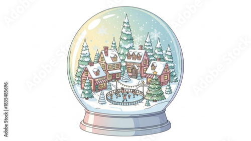 Charming snow globe scene depicting a quaint winter village with houses pine trees a decorated christmas tree and people ice skating on a frozen pond