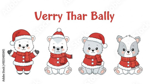 Four adorable cartoon bears dressed in festive red santa outfits with matching scarves and hats celebrating a merry christmas and winter holiday season