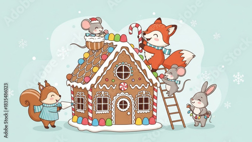 Cute cartoon animals working together to decorate a gingerbread house with candy and frosting for a festive christmas holiday celebration