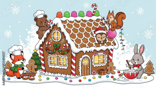 Cute cartoon animals decorating a festive gingerbread house with candy canes gumdrops and icing during a whimsical winter snowfall