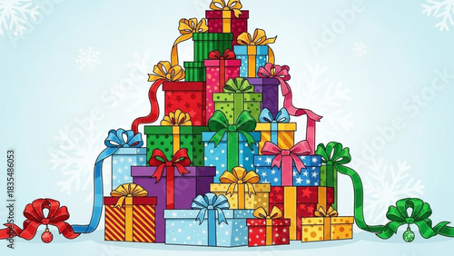 A large colorful pile of wrapped christmas presents with ribbons and bows set against a light blue background with snowflakes perfect for holiday greetings and celebrations