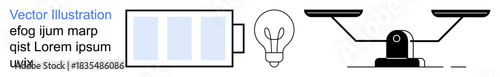 Energy efficiency, sustainability, innovation, decision-making, renewable resources, technology. Battery, light bulb and scale symbols. Energy efficiency and sustainability