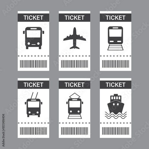 Set of transport tickets. Bus and metro pass. Trolley paper card. Bot or ferry access ticket, design template. Subway and railway passenger entrance signs.