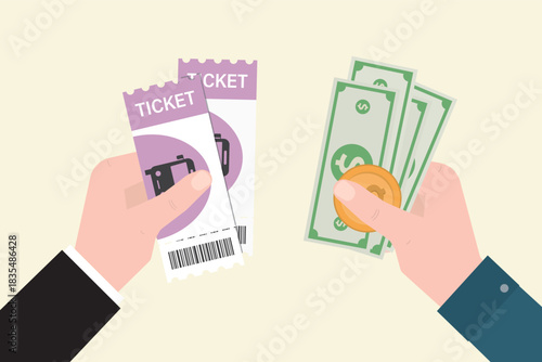 Buying a bus ticket. Hands with money and tickets. Buyer or seller. Go through purchase of pass. Financial transfer. Payment for customer order. Cash payment