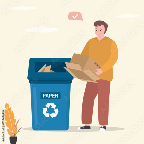 Waste management. Blue recycling bin filled with cardboard trash. waste management practices in modern society. Male character throw carton into can for paper.