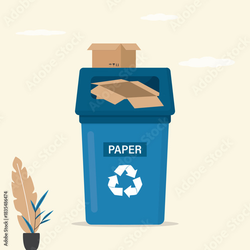 Waste management. Blue recycling bin filled with cardboard trash. Importance of recycling and proper waste management practices in modern society. Trash can for paper.
