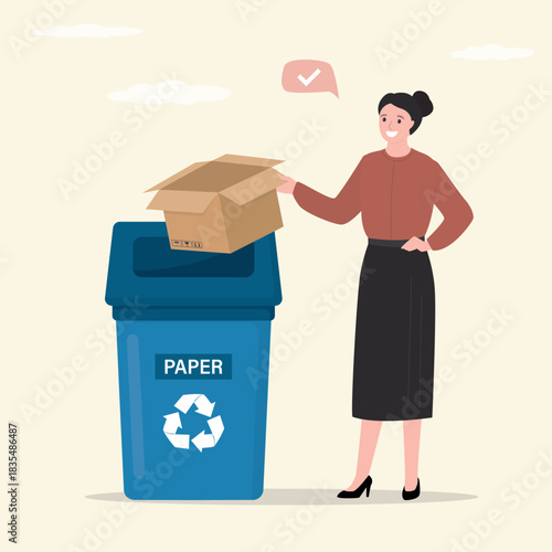 Blue recycling bin filled with cardboard trash. Importance of recycling and proper waste management practices in modern society. Woman throw carton into can for paper.