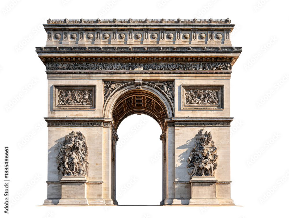 Fototapeta premium Arc de Triomphe: a majestic and iconic monument standing tall with detailed architectural design, showcasing its historical grandeur and timeless appeal.