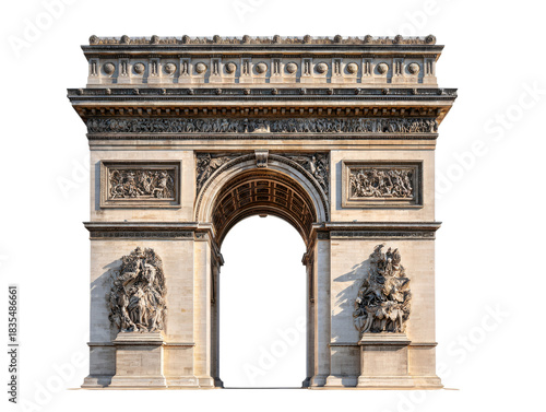 Arc de Triomphe: a majestic and iconic monument standing tall with detailed architectural design, showcasing its historical grandeur and timeless appeal.