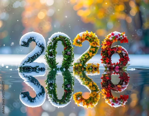 Panel kuchenny z motywem Nowy Rok 2026 utworzony z roślin symbolizujących cztery pory roku zimę, wiosnę, lato i jesień. Kolorowy napis Nowy Rok. Karta rozpoczynająca kalendarz. Szczęśliwego Nowego Roku. 