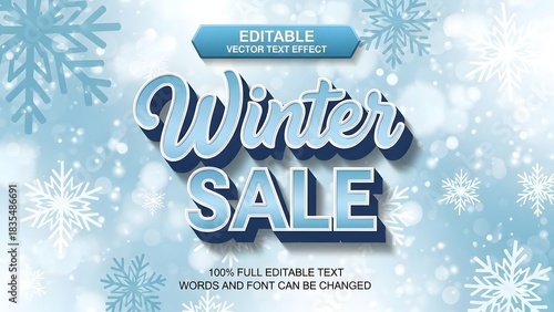 Editable vector text effect for a winter sale promotion featuring blue stylized typography against a background of falling snow and snowflakes