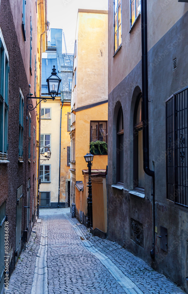 Fototapeta premium Narrow cobblestone alley in a historic city with an antique lantern