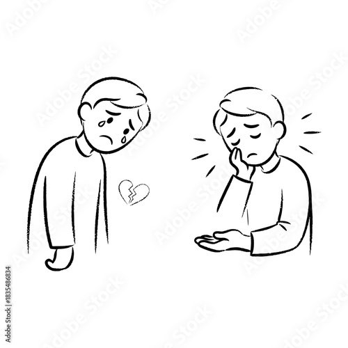 Monochrome Hand-drawn Line Art Illustration of Emotional Pain and Sadness