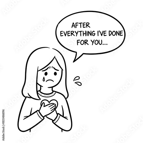 Monochrome Cartoon Drawing of Sad Woman Holding Heart Expressing Emotion
